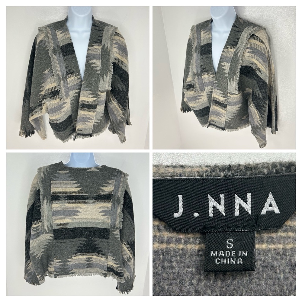 J.NNA Boho Aztec Fringe Shawl Jacket Size Small‎ Open Front Southwestern Style